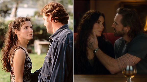 Two images side by side of Sandra Bullock as Sally Owens on the left a film still of Sandra in Practical Magic and on...